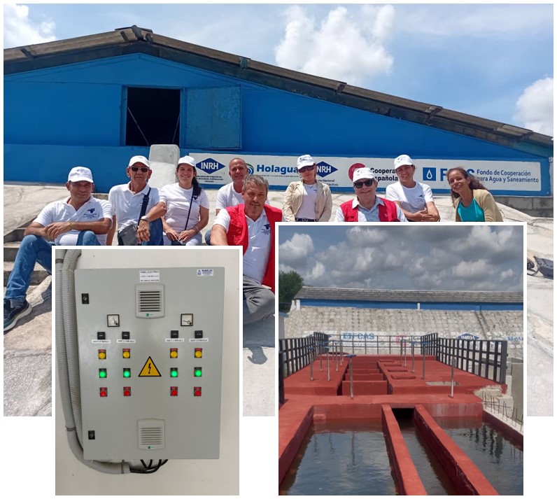 Representantes del INRH, ESIHO y AECID sobre al depósito de la planta de tratamiento de agua potable de Cueto. En las fotos inferiores, vista general de la primera línea de tratamiento y automatismo de la cámara de mezcla.