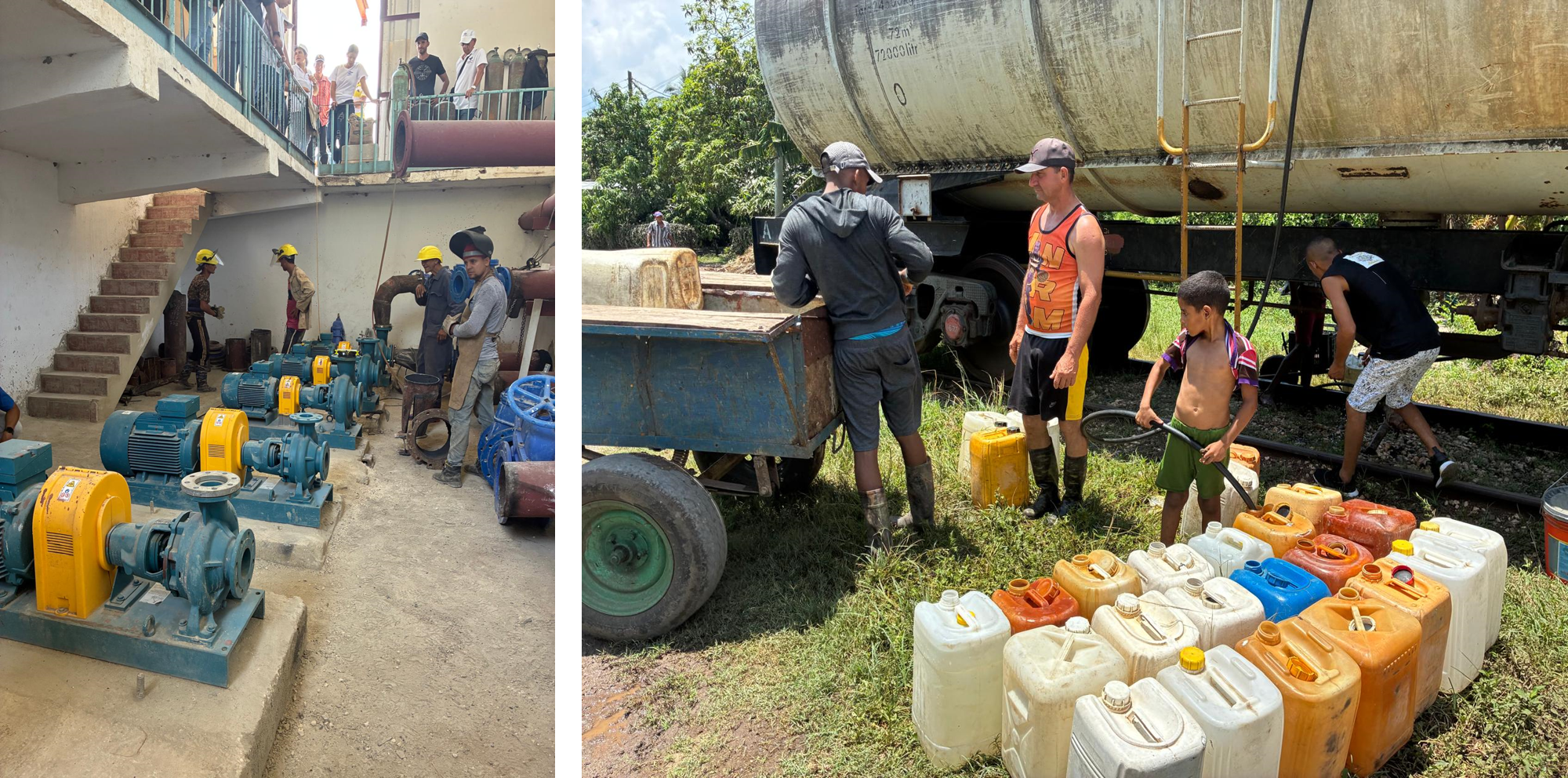 Estación de bombeo de Ramón II en Holguín, Cuba. En Alto Cedro, un grupo de personas llenando sus bidones de agua que se transporta en góndolas por vía ferroviaria, esperando ser beneficiados gracias a este proyecto por la llegada del suministro de agua potable a su localidad en 2026.